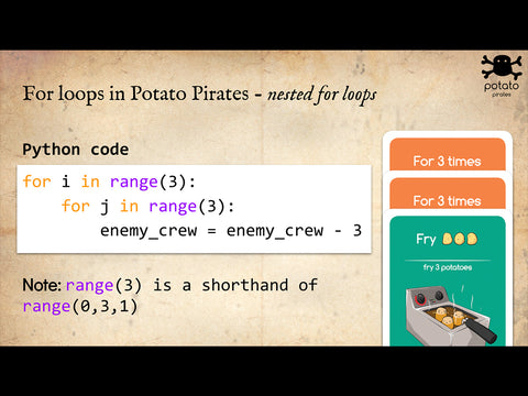 Learn Python with 12 hour curriculum from Potato Pirates, learn for loops concept